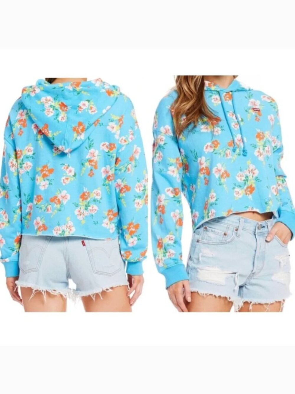 LEVI'S LEVIS Floral Raw Cut Hoodie Sweatshirt Blue Multi Hawaiian Cropped Crop